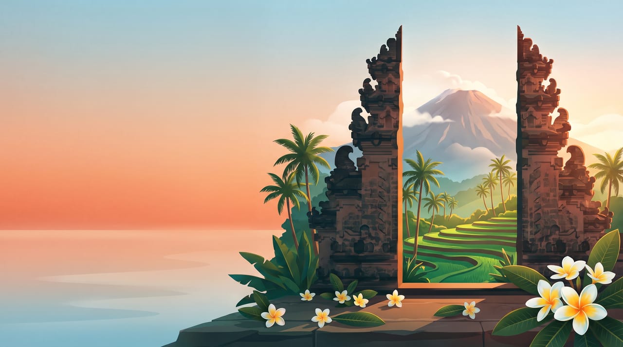 Illustration of a Balinese split temple gate framing a volcano and rice terraces, Bali, Indonesia
